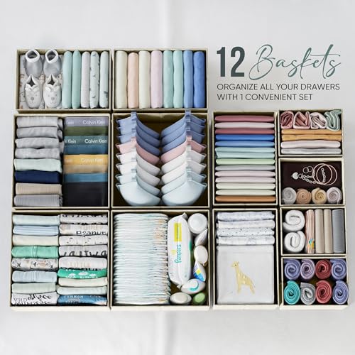 Drawer Organizer Clothes Set of 12 Beige - Dresser Organizer For Nursery, Bedroom, Closet - The Perfect Baby Clothes Organizers and Storage & General Nursery Organization or Dresser Drawer Organizers - color: Beige