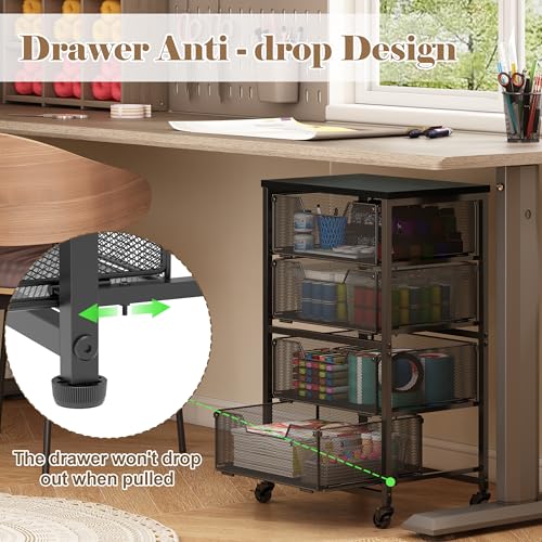 Rolling Cart with Drawers, 4-Drawer Storage Cart on Wheels with Wooden Top, Metal Utility Cart with Storage Drawers, Craft Storage Art Cart for Classroom, Office, Kitchen, Bedroom,Patent Pending - color: Black