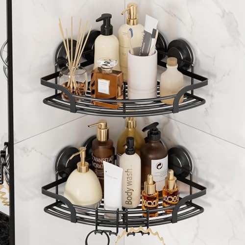 TAILI Powerful Suction Cup Corner Shower Caddy 2 Pack, Stainless Steel Rustproof Shower Shelf with Hook, Drill-free Wall Mounted Basket, Large Capacity Removable Suction Cup Bathroom Organizer, Black - style: Corner Caddy, Black