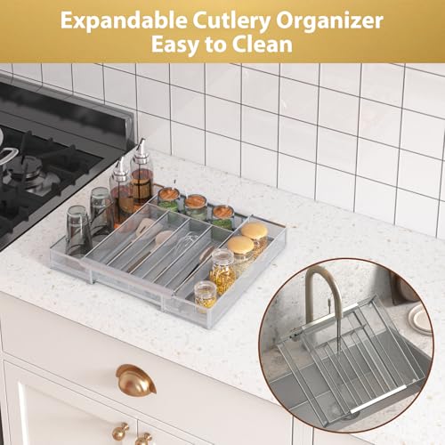 Sedegn Silverware Organizer Metal Mesh, Drawer Organizer, Utensil Cutlery Tray Expandable Flatware Organizer with 7 Compartment Silver 9.6"~16.1" x 13.8" - color: Silver, size: Expandable 9.6"~16.1" x 13.8"