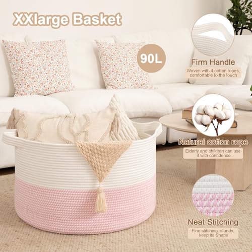 OIAHOMY 90L XXXLarge Blanket Basket for Living Room, 21.7" x 13.8" Woven Cotton Rope Laundry Basket for Organizing Pillows, Decorative Stuffed Animal Toy Storage Bin for Nursery, White and Pink - color: White and Pink, size: 21.7"D x 13.8"H
