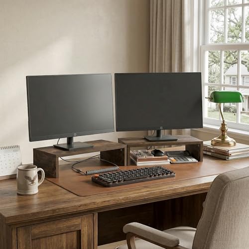Furinno CLASSIC Monitor Stand Riser Set of 2, 15.7" Wide Dual Monitor Riser, Stackable Separable Laptop Stand for Desk, Desktop Organizers and Accessories, for Office Supplier, Amber Pine - color: Amber Pine