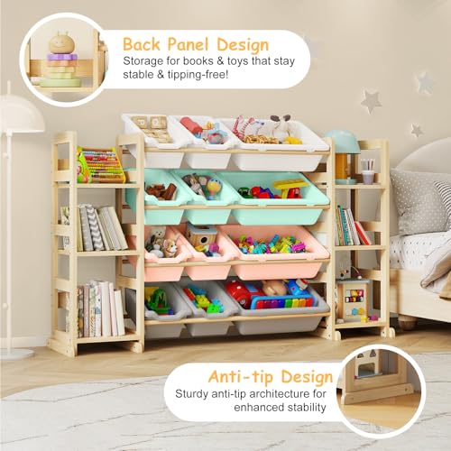 EXPERLAM Extra Large Toy Storage - Toy Storage Organizer, Wooden Toy Organizer with 6 Side Shelves and 12 Bins, 3-in-1 Bookshelf for Kids Rooms, Playroom, Nursery, Multi Color - color: Multi Color, size: 52 inches (L) x 11 inches (W) x 31.5 inches (H)