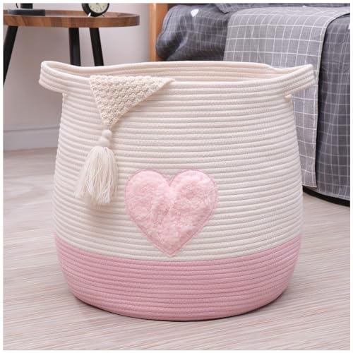 Large Cotton Rope Basket, Woven Storage Basket for Toy, Laundry and Blanket Organizer Basket, Round Hamper Basket with Handles for Kid's Room 17.7"x16.9" (Pink Heart) - color: pink, style: Cottage