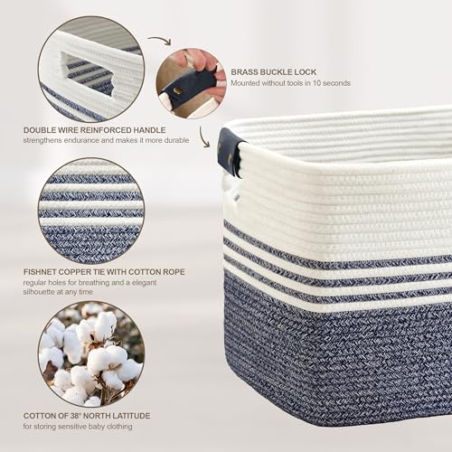 45L Small Laundry Basket with Leather Handles for Living Room Storage, Woven Rope Baskets Bin for Blanket, Kids Toy, Gifts, Wicker Hamper for Bedroom Dirty Clothes, 18"x14"x11" Denim Blue - color: Denim Blue, size: 45L