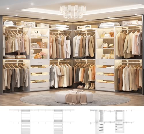 Aheaplus Closet System with Drawers Set of 2, Wood Closet Organizer System with 8 Hanging Rods & Top Shelves, Walk-in Closets Organizer Wardrobe Clothes Rack System, Cut Fits Spaces 4-9FT. Wide, White - color: White-2Sets