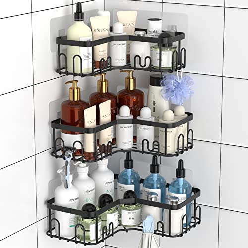 Menbyci 3 Pack Corner Shower Caddy, Adhesive Bathroom Shelves with 18 Hooks, Drill-Free & Quick-Dry Shower Organizer with Large Capacity, Rustproof Stainless Steel Bathroom Corner Storage Rack, Black - color: Black, size: 3 packs
