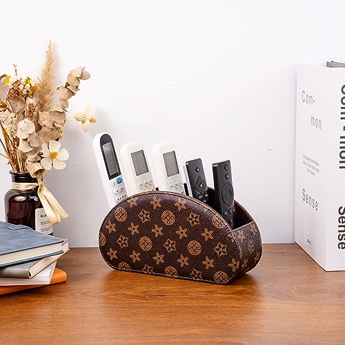 Remote Control Holders Organizer Box with 5 Compartment PU Leather Multi-functional Office Desk Storage Caddy Store Tv Remote for Media Player,Brush,Pencil,Glassees&Office Supplies (Brown+KhakiF) - color: Brown+KhakiF, size: S