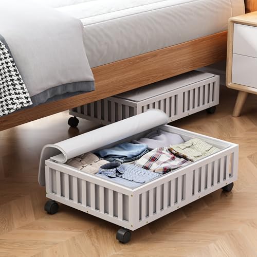 Bamboo Under Bed Storage Containers with Wheels, 2 Pack Under the Bed Shoe Storage Bins, Wood Rolling Underbed Drawers Organizer for Bedroom, Closet, Clothes Blanket Comforter and Under Crib Toy White - color: White, size: 2 PCS (23.62"×16.54")