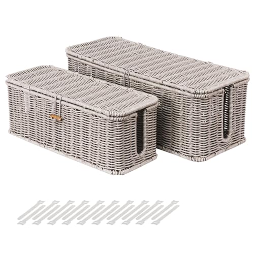 BROWNLILY Cable Management Box, Rattan Style Cord Organizer for Desk Cord Hider Outlet Covers Baby Proofing for Power Strip TV PC Router Charger Under Desk Storage with Lockable Lid and Cable Ties - color: Gray, size: Set (L+M)