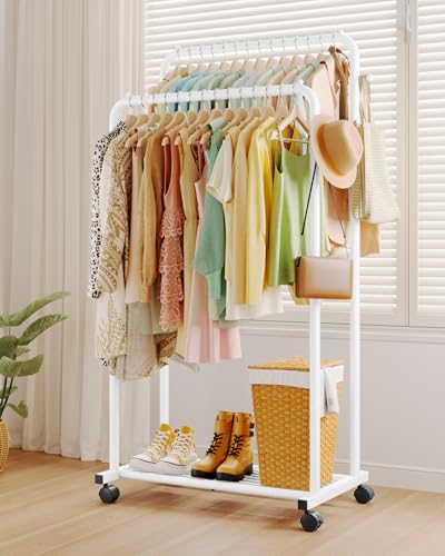 Sakugi Clothes Rack - Double Rods Clothing Rack with Mesh Shelf, Hooks & Wheels, Metal Clothing Racks for Hanging Clothes & Bags, Multifunctional Garment Rack for Laundry, White, 28.7" x 16.5" x 59.1" - color: White, size: Large 28.7"W x 16.5"D x 59.1"H