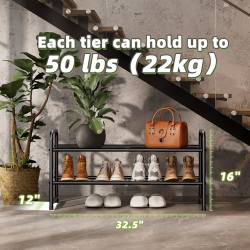 SUFAUY 2-Tier Mesh Shoe Rack, Closet Metal 33" Wide Shoe Shelf Heavy Duty, Black - color: Black, size: 2 Tier