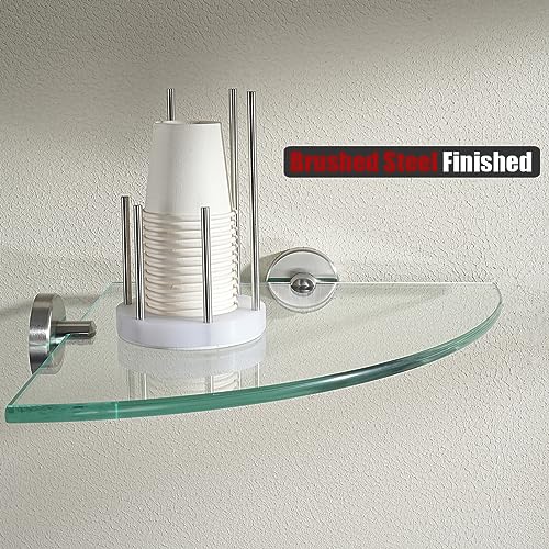 JQK Corner Glass Shelf, Brushed Steel Bathroom 304 Stainless Steel Shower Triangle Floating Wall Shelf, 10 x 10 Tempered Glass, 2 Pack, TGS190L10-BN-P2 - color: Brushed, size: 2 Pack