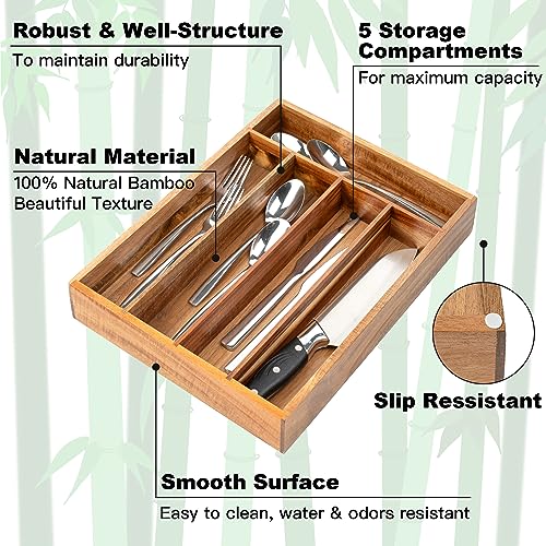 Besilord Silverware Organizer Kitchen Drawer Organizer Utensil Organizer Acacia Silverware Holder Cutlery Organizer in Drawer Flatware Organizer Tray(5 slots, Acacia - color: Acacia, size: 5 Slots