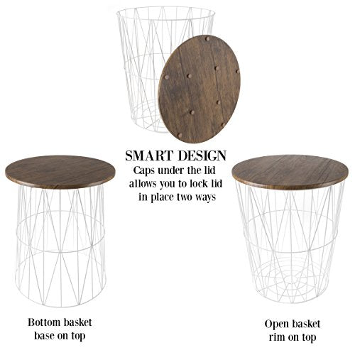 End Tables Set of 2 - Nesting Tables with Removable Wood Tops and Metal Wire Baskets for Blanket Storage - Round Side Furniture for Living Room, Bedroom, or Home Office by Lavish Home (Brown/White) - color: White Diamond