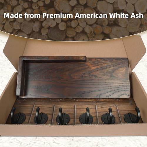 Key Holder Wall Decor-11.8" Solid Ash Wood Entryway Organizer with 6 Hooks & Extra Deep Storage Rack for Key, Mail, Wallet, Leash, Glasses, Hand-Polished & Stained, Easy-Assembly - color: Walnut