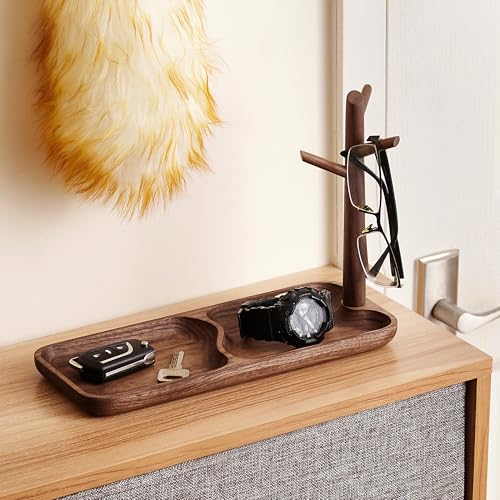 Solid Wood Key Holder with Tray, Black Walnut Key Tray & 3-Tier Jewelry Stand - Entryway Key Bowl Organizer for Keys, Wallet, Phone, Watch, Rings, Bracelets | Wooden Key Holder (11.8"x4.7"x8.3")