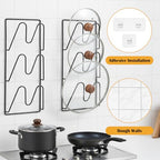 4 Pcs Pot Lid Organizer Rack, 12-Tier Adhesive Mount No Drilling Lid Holder for Cabinet Door and Wall, Rustproof Black Kitchen Storage Solution for Pots and Pans