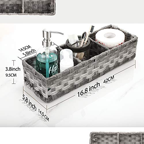 [Larger Compartments] Toilet Tank Topper Paper Basket - Multiuse Hand Woven Plastic Wicker Basket with Divider for Organizing, Rustic Farmhouse Bathroom Decor, Countertop Organizer Storage, Grey - color: Grey