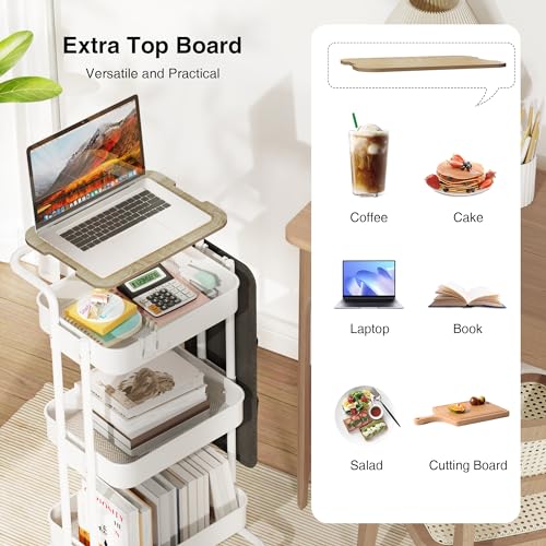 DTK 3 Tier Metal Utility Rolling Cart with Table Top and Side Bags, Metal Tray Storage Organizer Cart with Wheels, Art Craft Cart with 4 Hooks for Kitchen Bathroom Office Living Room (White) - color: White, size: Large