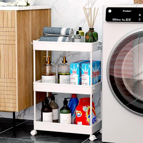 SPACEKEEPER Storage Rolling Cart, 3 Tier Laundry Room Organization Utility Cart Bathroom Organizer Mobile Shelving Unit Shelves Multi-Functional Trolley, White - color: White, size: 3 Tier