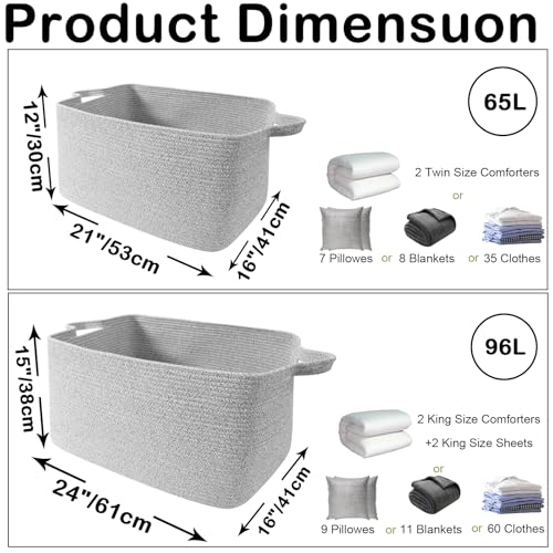 Large Blanket Basket,Woven Rope Basket Storage Bin with Handles,65L Rectangle Laundry Basket for Magazines,Toys,Clothes,Newspaper Shelf Organization,Nursery and Living Room,Grey - color: Grey, size: 21"x16"x12"(65L)