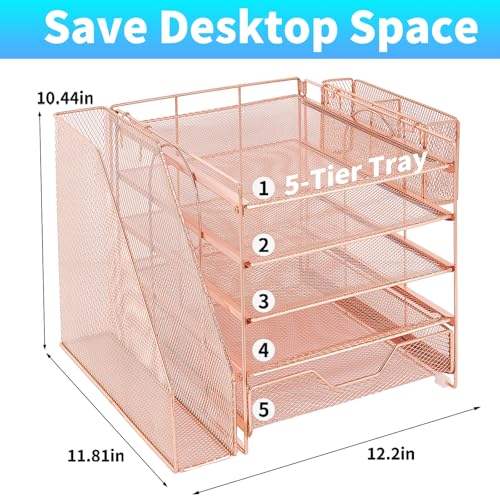 Desk Organizer, 5-Tier Paper Letter Tray Organizer with File Holder, Drawer and Pen Holder, Desktop Organizer for Office Supplies, Rose Gold - color: Rose Gold