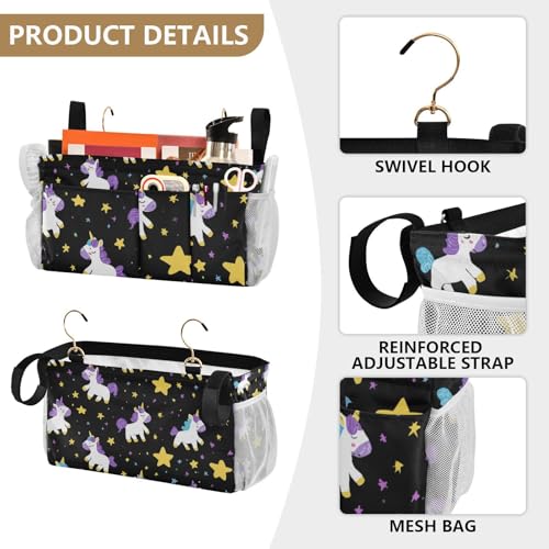 Bedside Caddy Hanging Bunk Bed Caddy Bed Organizer Hanging Pocket with 2 Hooks Bedside Storage Organizer Pocket Bag Holder Cute Unicorns Hearts Black - color: Cute Unicorns Hearts Black
