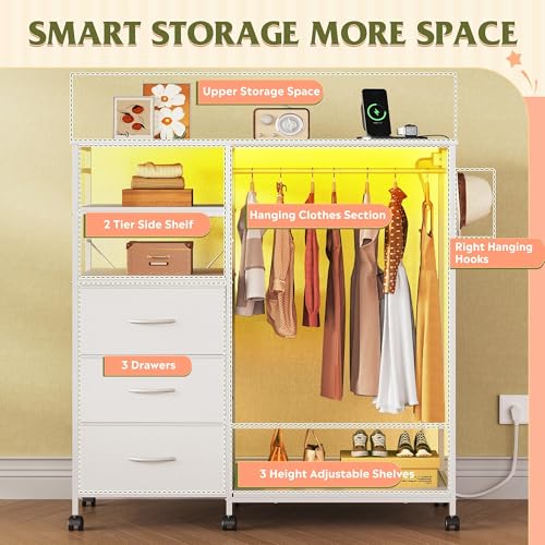 WLIVE White Dresser with Hanging Rack for Bedroom, 3 Drawer Dresser with LED Lights & Charging Station, Fabric Dressers & Chest of Drawers, Storage Organizer with Open Shelves for Living Room - color: White