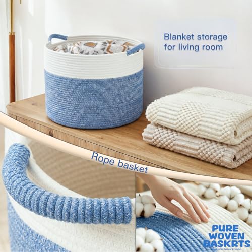 Artfeel 70L Large Cotton Rope Basket, Decorative Woven Blanket Storage for Living Room, Boho Toy Storage & Toy Box for Kids, Versatile Laundry Basket & Nursery Hamper for Blankets(DenimBlue) - color: DenimBlue, size: 70L