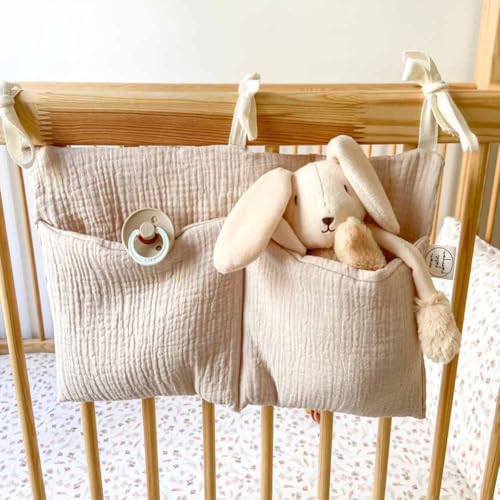 Cotton Baby Bedside Hanging Storage Bag,2 Pockets Organizer for Baby Cribs and Toys (Oatmeal) - color: Oatmeal