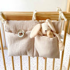 Cotton Baby Bedside Hanging Storage Bag,2 Pockets Organizer for Baby Cribs and Toys (Oatmeal) - color: Oatmeal