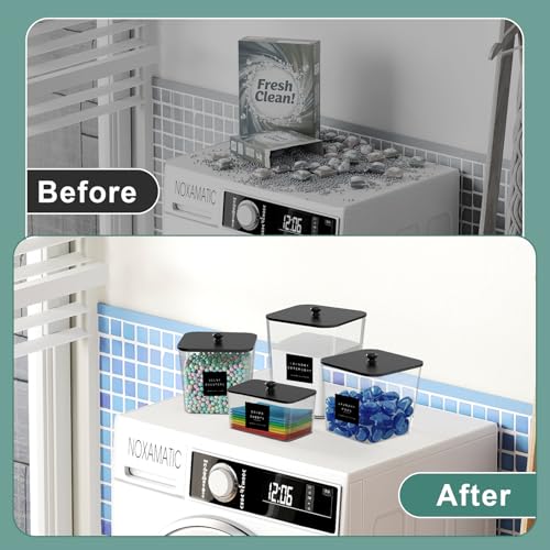 POLRAI 4 Pack Laundry Pod Containers and Dryer Sheet Holder with Bamboo Lids and Labels Laundry Room Organization Containers for Scent Booster Powder Detergent Pods Storage - color: Black, size: 2+1+1 Pack