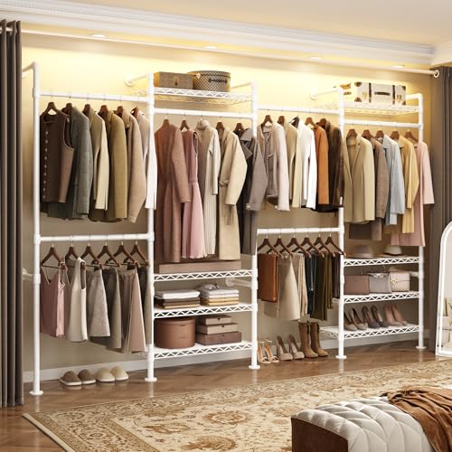 ComfyCorner Wall Mounted Garment Rack, Industrial Pipe Metal Clothing Rack with 6 Hanging Rods (4 Expandable) & 8 Shelves, Closet Organizers and Storage System for Bedroom, Walk in Closet - color: White