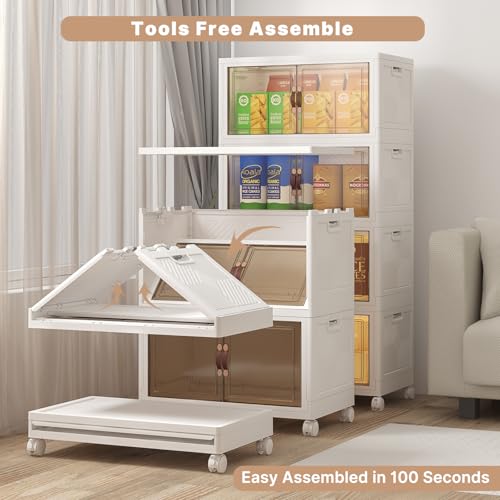 UAMFURI Extra Large Stackable Storage Bins with Lids & Wheels, 480QT-120QT/30GAL*4Pack Foldable Collapsible Closet Organizers Storage Cabinet with Doors for Bedroom Dorm - color: white, size: 4PACK-25"W16"D58"H