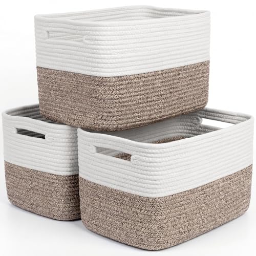 Storage Baskets for Organizing, 14 x 10 x 9” Closet Shelf Woven Baskets, Square Bins with Handles, Cotton Rope Basket for Toys, Clothes, Office, Room, White+Dark brown 3 Pack - color: White+Dark brown, size: 3pcs