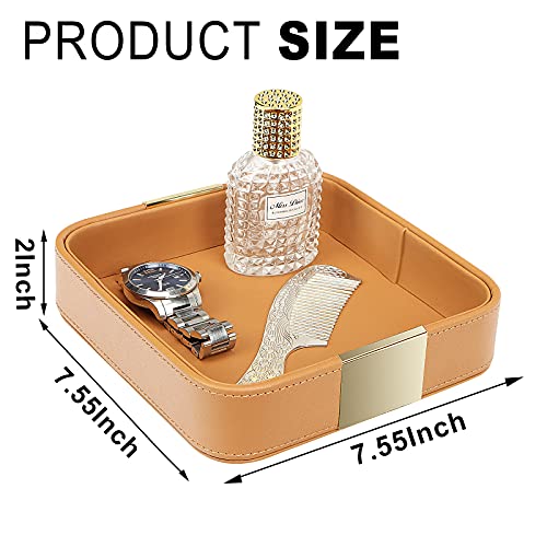 SANZIE Luxury Leather Desktop Storage Small Catchall Organizer Decorative Tray for Entryway Table to Hold Jewelry Watch Cosmetics Keys Phone Wallet, Home & Office Accessories (Metal Gilded, Orange) - color: Orange (Metal Glided), size: 7.5" x 7.2" x 2"