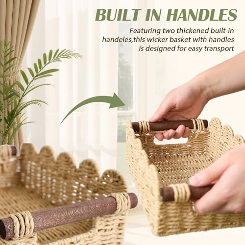 Cute Scalloped Basket, Handwoven Toilet Paper Storage with Built-in Handles, Wicker Basket for Organizing, Decoration and Home(Set of 2) - color: Beige
