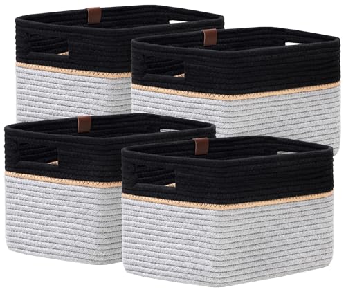 UBBCARE 4 Pack Baskets for Organizing, Woven Storage Baskets with Label for Toys and Towel, Rectangle Cotton Rope Basket with Handles, 14''L x9''W x8''H, Black&Grey - color: Black&Grey, size: 4 Pack - 14 X 8 X 9 Inches
