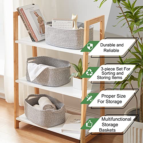 OIAHOMY Cotton Rope Baskets, Woven Baskets for Storage, Nursery Storage Baskets, Rectangle Storage Basket with Handles, Storage Baskets for Shelves, Pack of 3, Gray Variegated - color: Gray Variegated