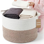 XXXXL 125L Extra Large Blanket Basket, 23.6" x 16.9" Jumbo Woven Cotton Rope Storage Basket with Handles, Laundry Hamper, Toy Storage for Living & Play Room(White & Brown) - color: White & Brown