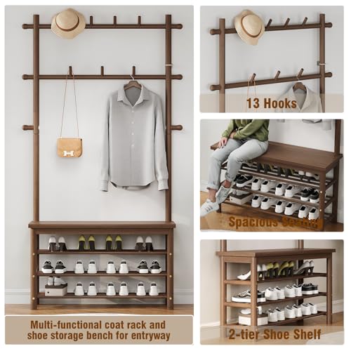 Bamboo Hall Tree with 13 Hook, 6-in-1 Entryway Bench with Coat Rack Freestanding, Coat Rack with Shoe Storage Bench Organizer for Mudroom, Bedroom, All-in-One Shoe Rack,Walnut