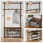Bamboo Hall Tree with 13 Hook, 6-in-1 Entryway Bench with Coat Rack Freestanding, Coat Rack with Shoe Storage Bench Organizer for Mudroom, Bedroom, All-in-One Shoe Rack,Walnut