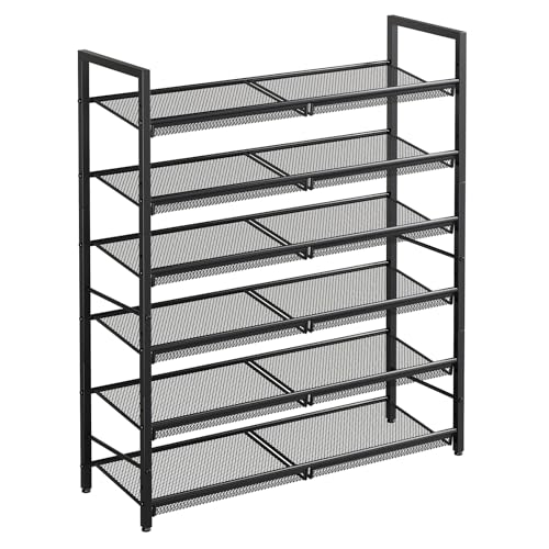 6 Tier Metal Shoe Rack, Tall Shoe Organizer Holds 24-30 Pairs, with Adjustable Flat or Angled Shelves, Shoe Storage Shelf for Closet, Entryway, Garage, Black - size: 6-Tier