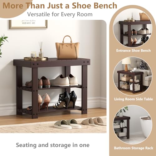 Sweetcrispy Shoe Rack Bench, 3-Tier Bamboo Entryway Storage Organizer, 286lb Capacity, Shoes Stand for FrontDoor Entrance, Bedroom, Living Room, Bathroom, Balcony, 19 Inches Length, Brown - color: Brown, size: 19 inches WIdth