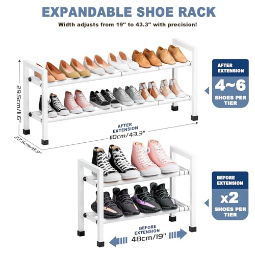 Mavivegue Expandable Shoe Rack, 2-Tier 19"-43.3" Adjustable Shoe Rack for Closet,Hall Entryway,Front Door,Garage, Sturdy Steel Space-Saving Rack, White - color: White, size: 2 Tier