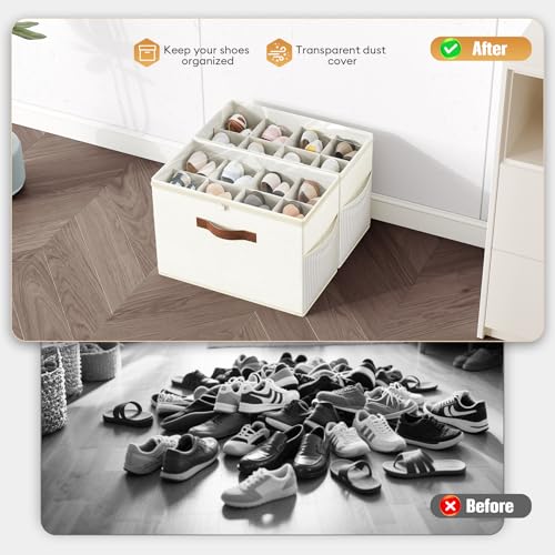 Budding Joy 2 Pack Shoe Organizer for Closet, Clear Foldable Shoe Storage Containers Adjustable Dividers Fits 16 Pairs,Shoe Storage Bins Baskets Boxes with Reinforced Handles Beige - color: Beige-yellow