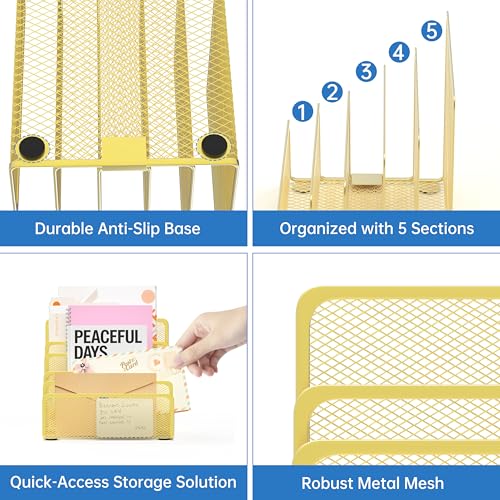 Mail Organizer Countertop with 5 Slot, Metal Mail Holder for Desk, File Holder Letter Sorter for Envelope, Bill and Document, Gold - color: Gold