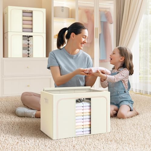 Clothes Storage Bins with Metal Frame, Foldable Clothes Organizers Storage Containers for Clothes, Sheets, Blankets, Pillows and Towels (66L, 3 Pack) Beige - color: Beige, size: 66L（19.7“X15.7"X13"）