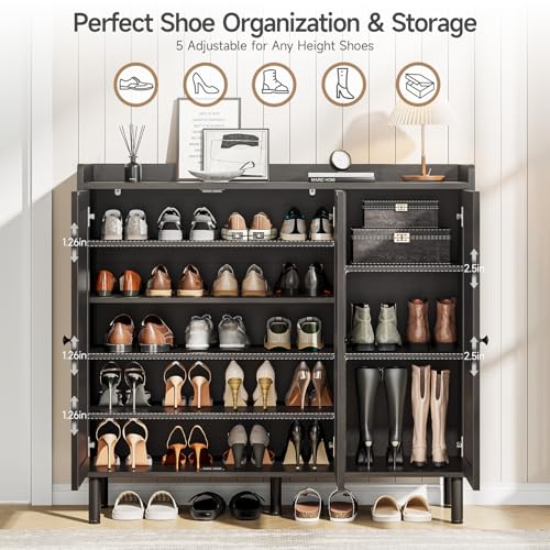 ONBRILL Shoe Cabinet with 3 Doors and Adjustable Shelves, 30 Pairs Shoe Storage Cabinet, 40 Inch Tall Farmhouse Shoe Rack Shoe Organizer Cabinet for Entryway Living Room Closet, Black - color: Black